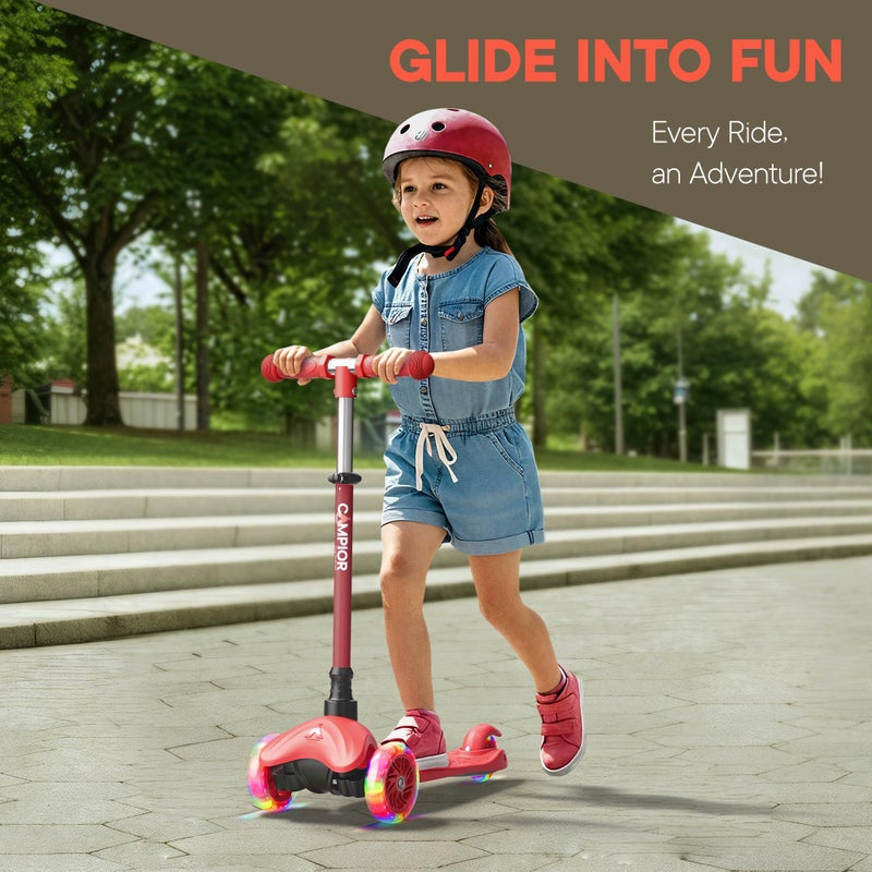 Campior Red Mini 3 Wheel Scooter for Kids â€“ Lean-to-Steer with LED Light-Up Wheels, Adjustable Handlebar, Wide Anti-Slip Deck, Smooth PU Wheels, Rear Foot Brake â€“ Toddler Scooter for Ages 2+ - Image 3