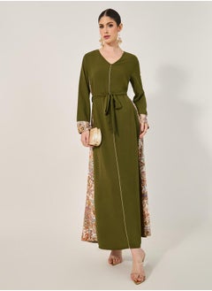 navy olive colour jalabiya w/ navy blue pailsey print inserts at sides and slv cuff w/ gold cord trim at CF and sleeve hem