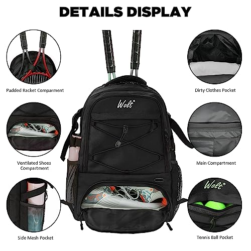 WOLT Tennis Bag - Large Tennis Racket Backpack for Men & Women - Ventilated Shoe Compartment - Holds 2 Rackets - Image 4
