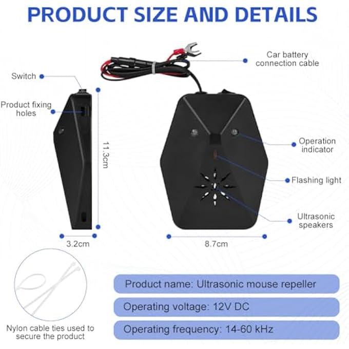 rayihni Pack of 2 Marten Deterrent Car, Marten Repellent Car with Multifrequency Ultrasound and Flash Light, Marten Deterrent with Ultrasound, Repel Rats, Marten Protection for Car, Engine Compartment - Image 3
