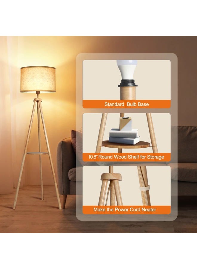 OUTON Solid Wooden Tripod Floor Lamp, Bulb Included, Standing Lamp with Remote Control, Dimmable & 4 Color Temperatures, 1H Timer, Floor Lamp with Storage Shelf Linen Shade for Living Room Bedroom - Image 3