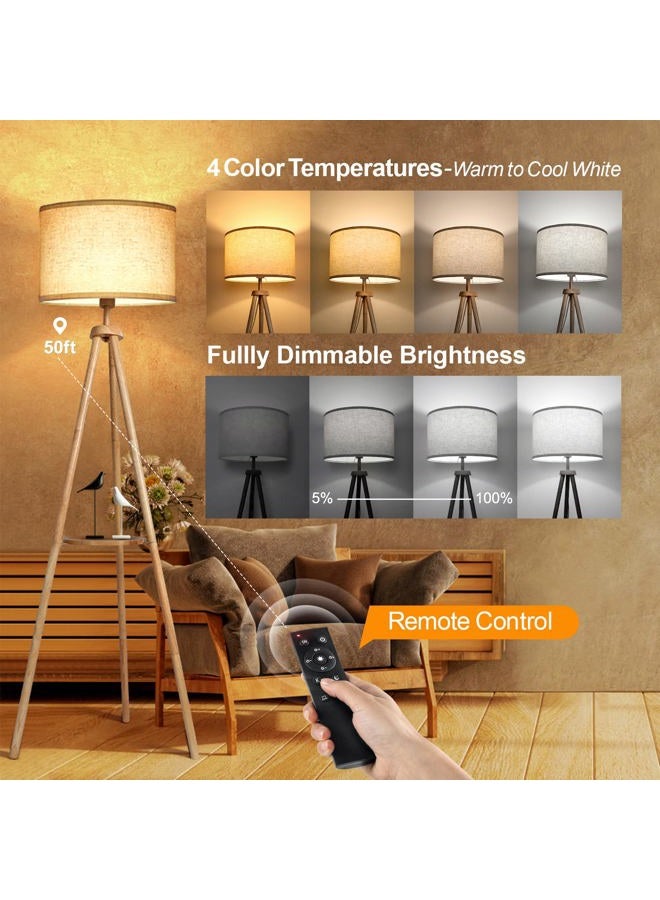 OUTON Solid Wooden Tripod Floor Lamp, Bulb Included, Standing Lamp with Remote Control, Dimmable & 4 Color Temperatures, 1H Timer, Floor Lamp with Storage Shelf Linen Shade for Living Room Bedroom - Image 2