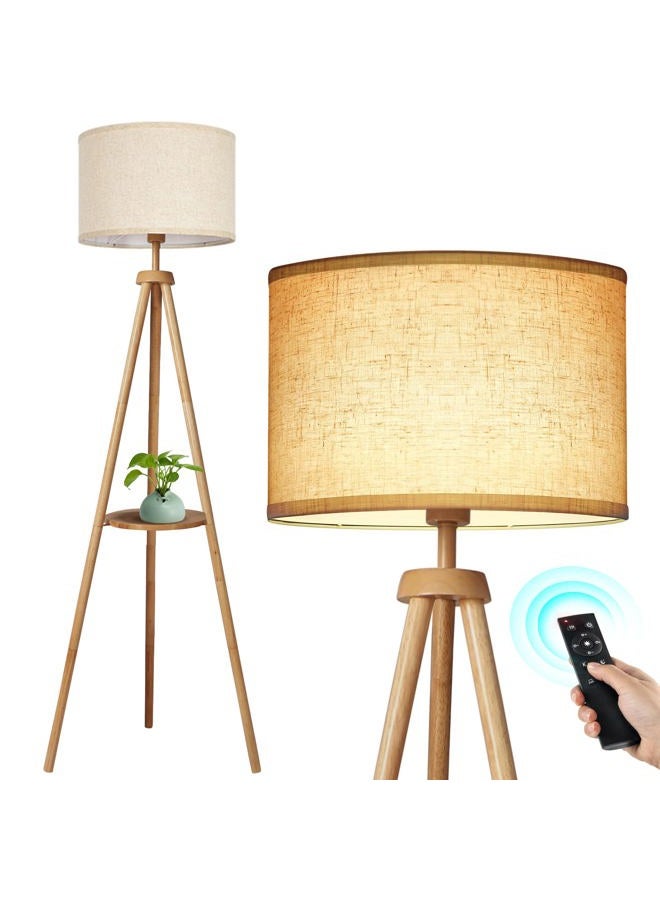 OUTON Solid Wooden Tripod Floor Lamp, Bulb Included, Standing Lamp with Remote Control, Dimmable & 4 Color Temperatures, 1H Timer, Floor Lamp with Storage Shelf Linen Shade for Living Room Bedroom - Image 1