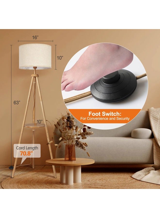 OUTON Solid Wooden Tripod Floor Lamp, Bulb Included, Standing Lamp with Remote Control, Dimmable & 4 Color Temperatures, 1H Timer, Floor Lamp with Storage Shelf Linen Shade for Living Room Bedroom - Image 4