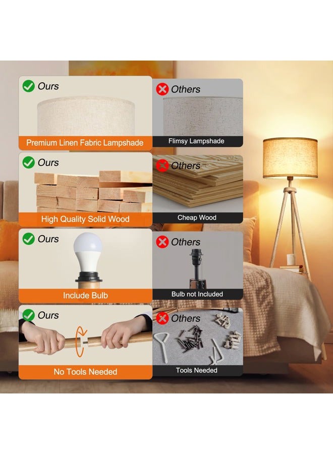 OUTON Solid Wooden Tripod Floor Lamp, Bulb Included, Standing Lamp with Remote Control, Dimmable & 4 Color Temperatures, 1H Timer, Floor Lamp with Storage Shelf Linen Shade for Living Room Bedroom - Image 5