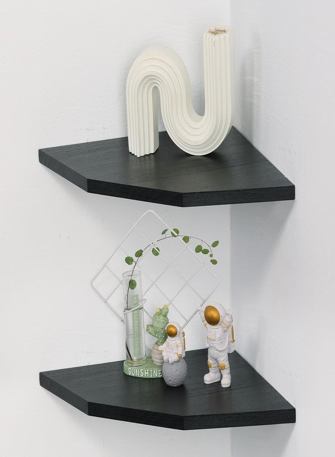 Joiishom Wood Corner Wall Shelves Set of 2, Solid Wood Corner Floating Shelves, Round End Wall Mounted Floating Corner Shelf for Bedroom, Living Room and Kitchen (Black-12 inch) - Image 1