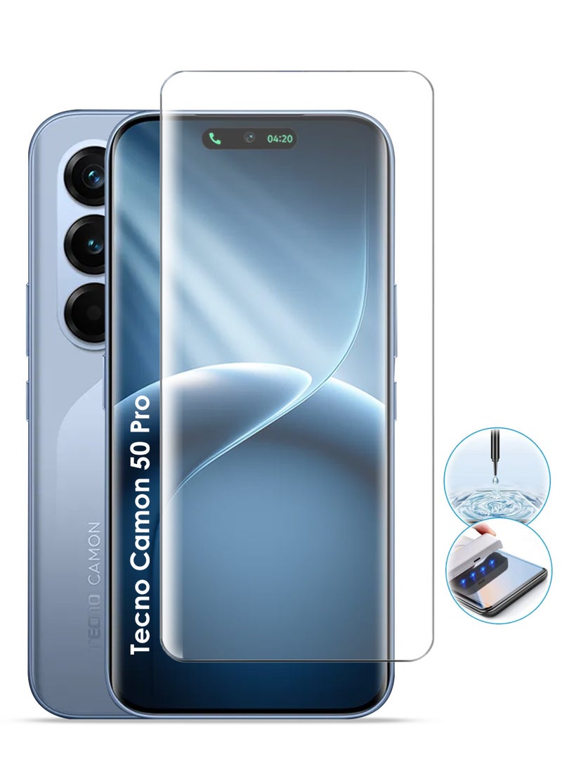 REWO Tecno Camon 50 Pro Screen Protector - UV Advanced Full Screen Tempered Glass For Tecno Camon 50 Pro, Full Adhesive UV Curved Case Friendly HD Clarity With Installation Kit, High Transparency, Delicate Touch, Anti-Explosion, Smooth Arc Edges - Image 1
