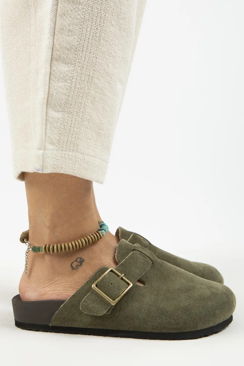 Manijero Manijero Zeta 2 Women's Genuine Leather Clogs with Buckle and Belt, Khaki