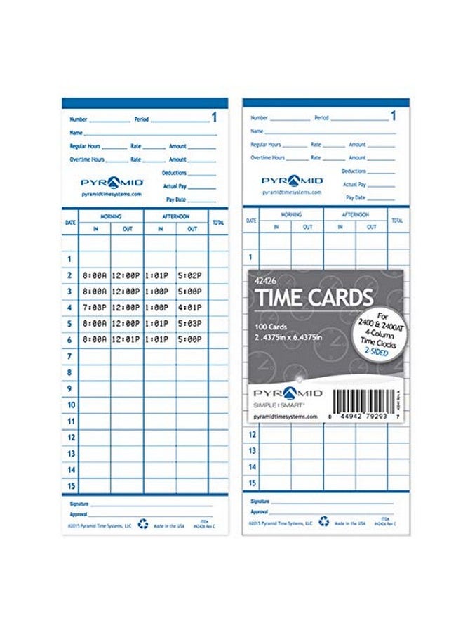 Pyramid Time Systems 42426 Genuine And Authentic Double Sided Time Cards Built Exclusively For 2400 And At2400 Time Clocks (Pack Of 100) Punch Clock Employee Timecards  - Image 2