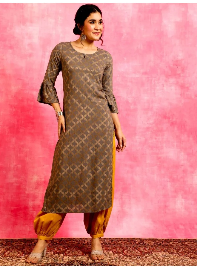 AKS Grey & Beige Printed Straight Kurta With Ruffle Sleeves