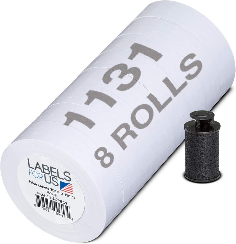 Labels for Us Price Labels for Monarch 1131 Price Gun - White - 20,000 Labels - Pack with 8 Rolls - Ink Roller Included - Image 1