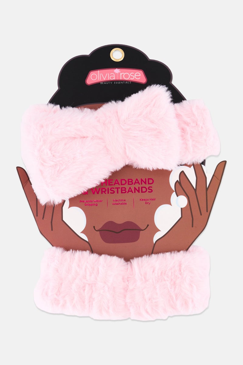 Olivia Rose Plush Spa Headband And Wristbands, Pink - Image 1