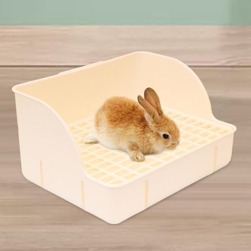 Rabbit Litter Tray: Off-white Heightened Chassis Design - Narrow Bottom Net Structure Pet Toilet for Indoor Rabbit Hutch Cage Use - Image 3