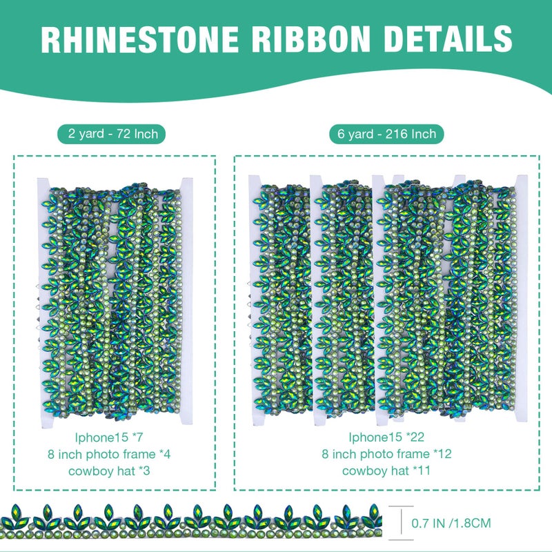 PEARLY JUN 2 Yards Green Crystal Rhinestone Ribbon Self Adhesive Rhinestone Tape Diamond Ribbon Jewels DIY Stickers Diamond Strips Roll for Christmas Party Phone Dress Wedding Cake Decoration - Image 4