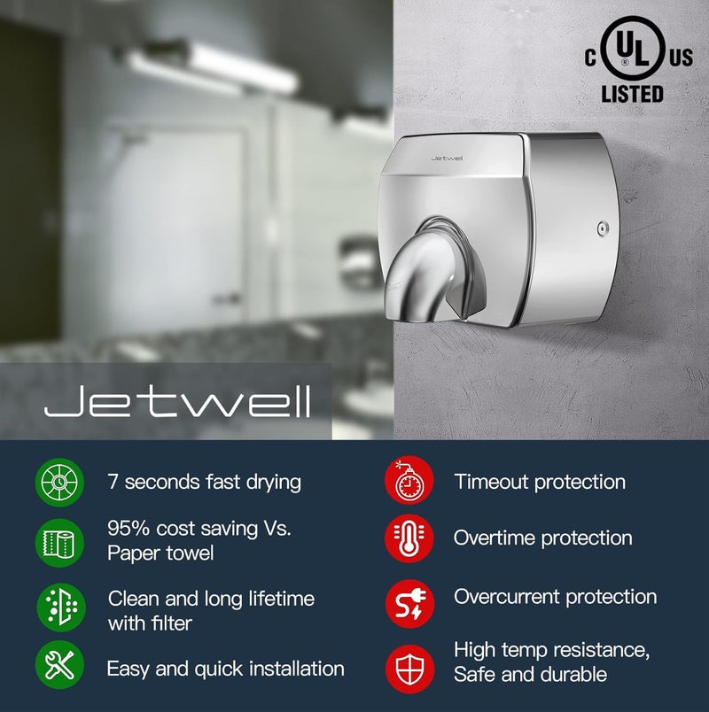 JETWELL مجفف يدوي تجاري أنيق مدمج، سرعة عالية، هواء دافئ تلقائي، غلاف من الفولاذ المقاوم للصدأ، AC110V-130V JW2830 - Image 5