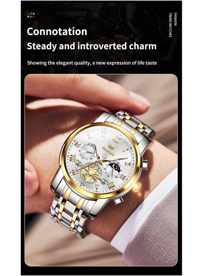 OLEVS Watches For Men Fashion Stainless Steel Quartz Chronograph Water Resistant Watch Gold and Silver 42mm 2859 - Image 3