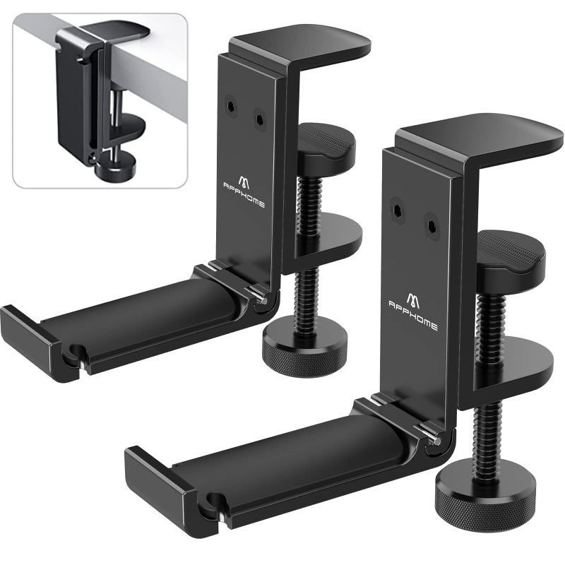 APPHOME 2Pack Upgrade Foldable Headphone Stand Under Desk PC Gaming Headset Hanger Holder Hook Clamp with Built in Cable Clip Organizer Space Save Mount Fold Upward Not in Use, Universal Fit, Black - Image 1