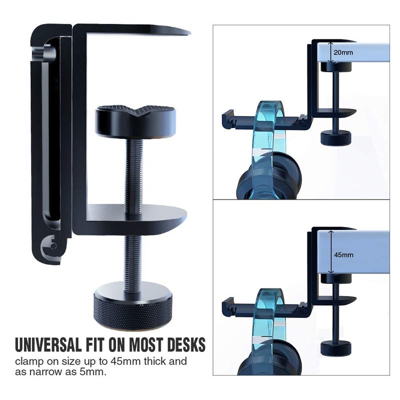 APPHOME 2Pack Upgrade Foldable Headphone Stand Under Desk PC Gaming Headset Hanger Holder Hook Clamp with Built in Cable Clip Organizer Space Save Mount Fold Upward Not in Use, Universal Fit, Black - Image 4