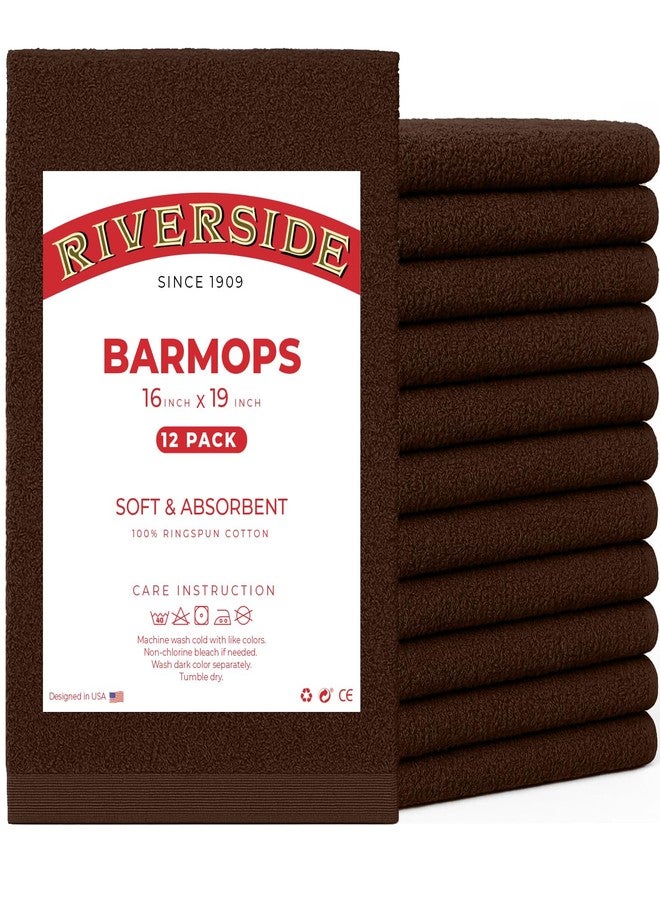 RIVERSIDE Bar Mop Towels Pack of 12, 16x19 Inches, 100% Ring Spun Cotton Terry Cloth Kitchen Towel, Highly Absorbent & Reusable Multipurpose Cleaning Rags for Bathroom, Hotel, Restaurant, Brown - Image 1