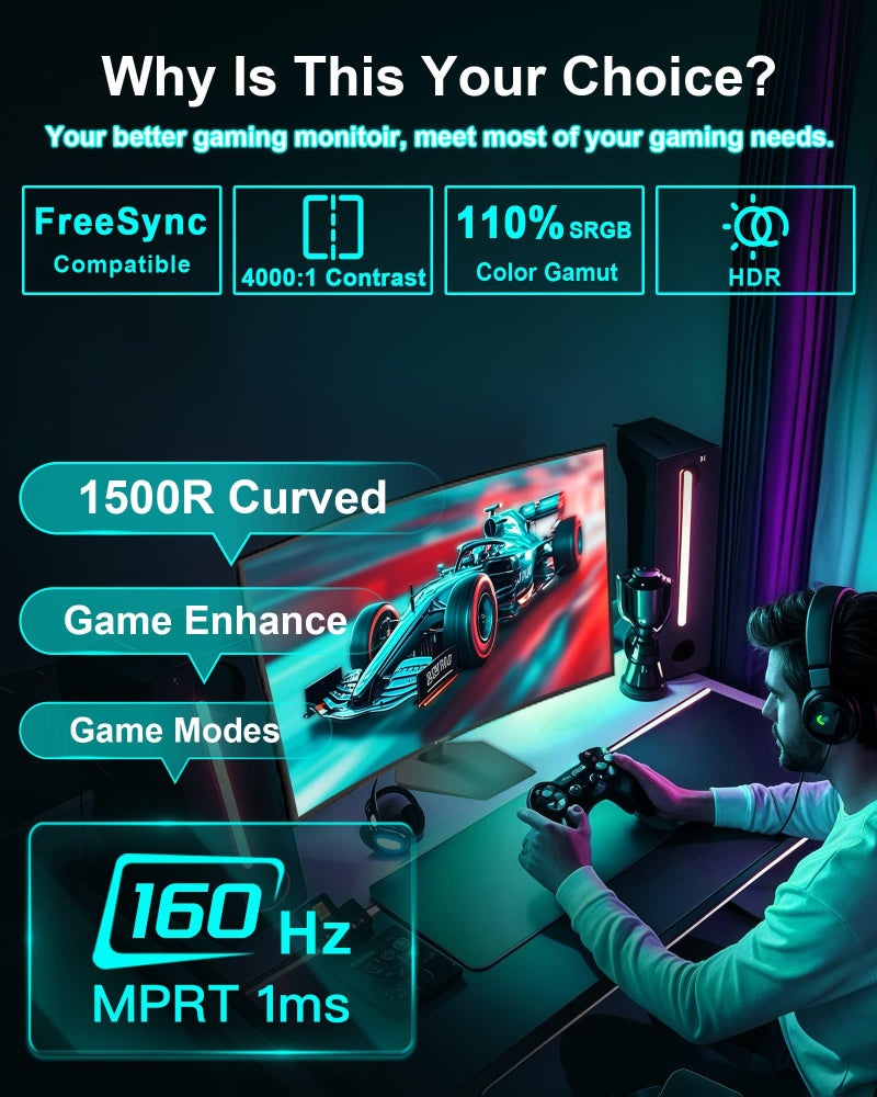 SANSUI 27 Inch Curved 160Hz Gaming Monitor, 1500R Curved Computer Gaming Monitor FHD 1080P, 4000:1, 110% sRGB, FPS/RTS, 1Ms MPRT|FreeSync|HDR|Low Blue Light|HDMI DP| VESA Support, HDMI Cable Incl. - Image 2