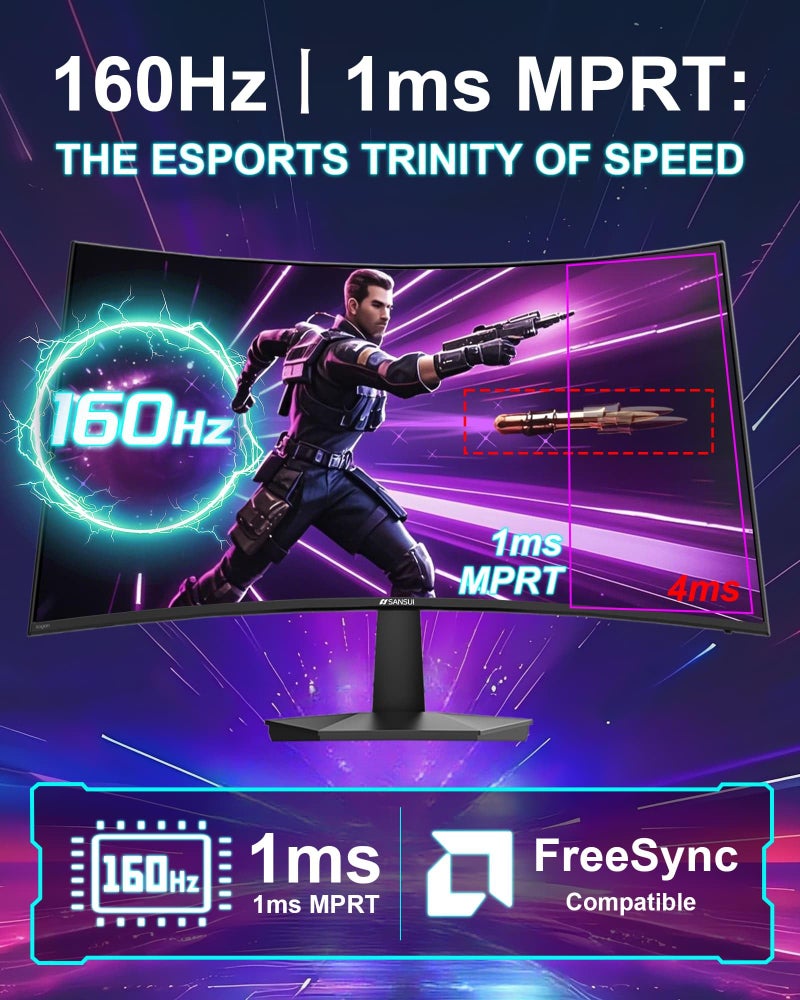SANSUI 27 Inch Curved 160Hz Gaming Monitor, 1500R Curved Computer Gaming Monitor FHD 1080P, 4000:1, 110% sRGB, FPS/RTS, 1Ms MPRT|FreeSync|HDR|Low Blue Light|HDMI DP| VESA Support, HDMI Cable Incl. - Image 3