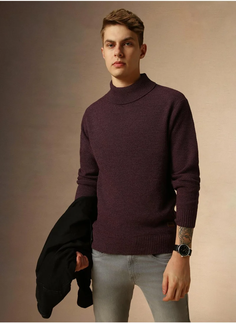 دينيس لينغو Men's Plum 100% Acrylic Solid Regular Fit Sweater