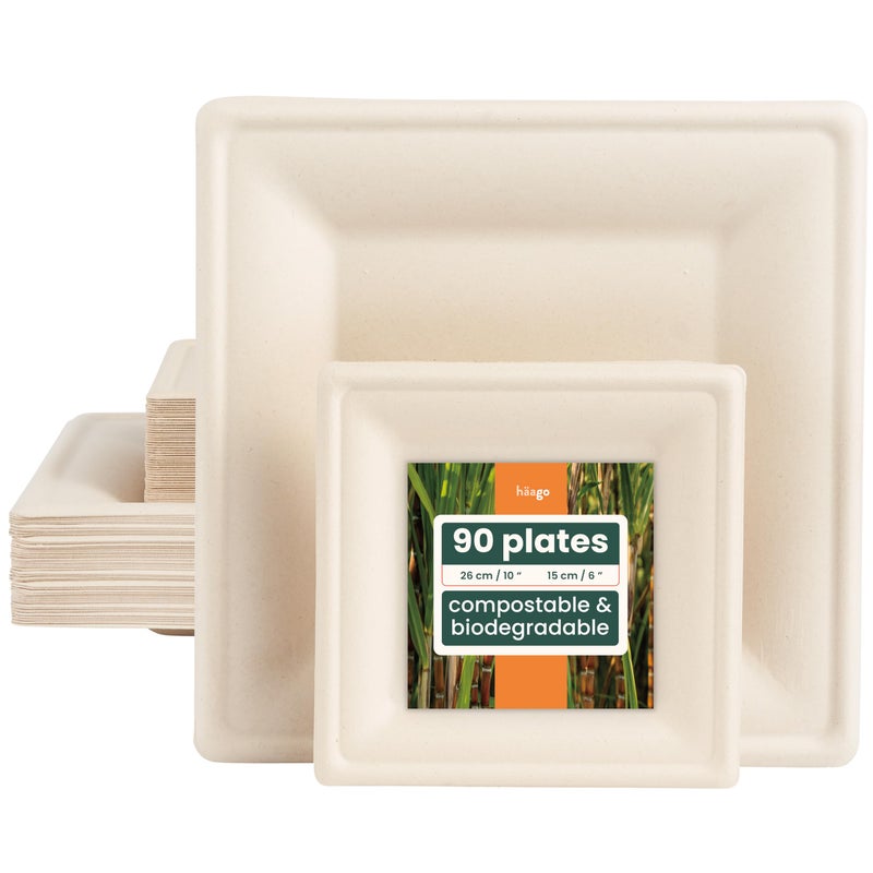HAAGO 90 Square Sugarcane Bagasse Plates Set  EcoFriendly Like Paper Plates Biodegradable  Home Compostable Disposable Party Plate  15cm  26cm 45 of Each