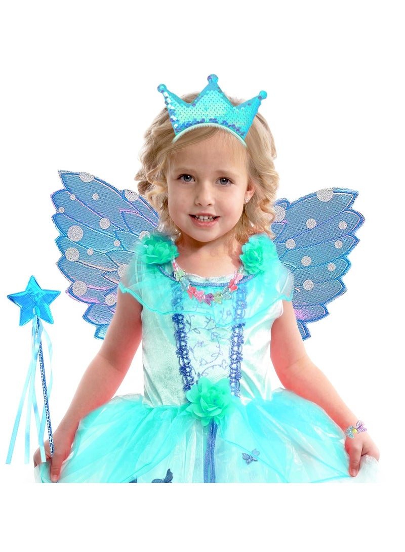 SYOSI 5 Pcs Blue Fairy Costume, Fairy Wands, Butterfly, Crown Crystal Tiaras, Girl Butterfly Necklace - Image 5