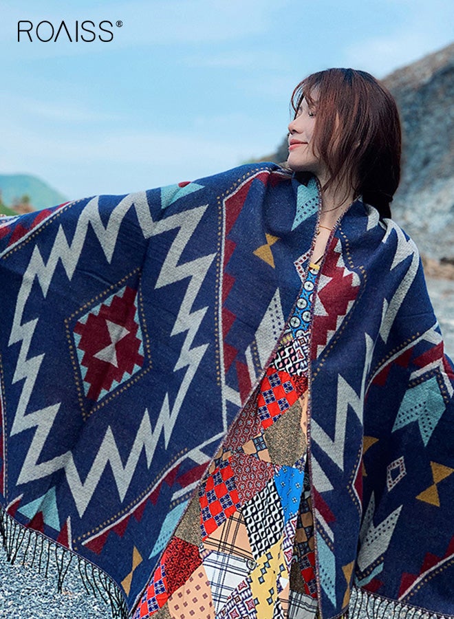 roaiss Women's Fringe Shawl, Reversible Bluebird Vintage Pattern Neckwarmer, Thickened Polyester Warm Scarf—Essential Neck-Warming Accessory for Fall/Winter Air-Conditioned Rooms - Image 4