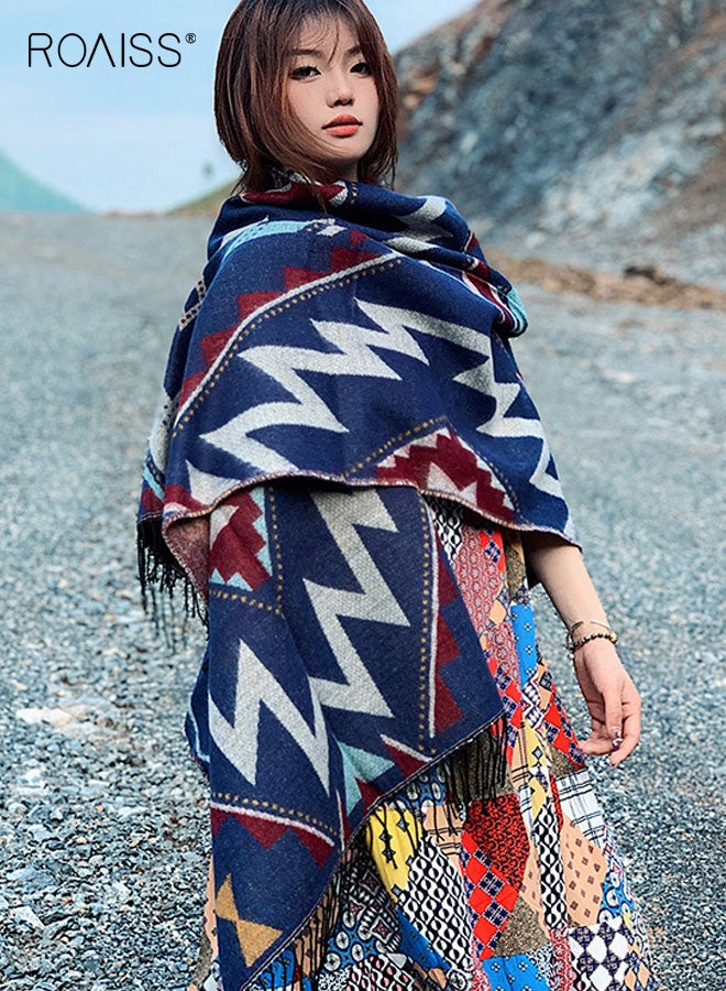 roaiss Women's Fringe Shawl, Reversible Bluebird Vintage Pattern Neckwarmer, Thickened Polyester Warm Scarf—Essential Neck-Warming Accessory for Fall/Winter Air-Conditioned Rooms - Image 1