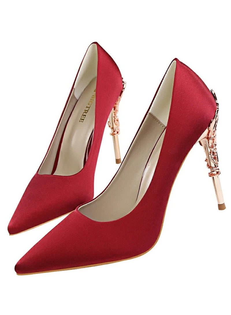 BIGTREE Women's Elegant Stiletto Pumps With 10 CM Personalized Metal Heel Elegant Gorgeous Closed Pointed Toe Slip On Solid High Heels Wine Red - Image 1