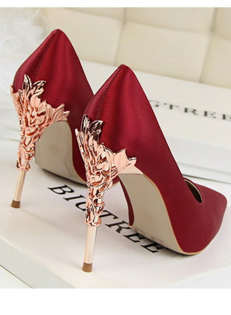 BIGTREE Women's Elegant Stiletto Pumps With 10 CM Personalized Metal Heel Elegant Gorgeous Closed Pointed Toe Slip On Solid High Heels Wine Red - Image 3