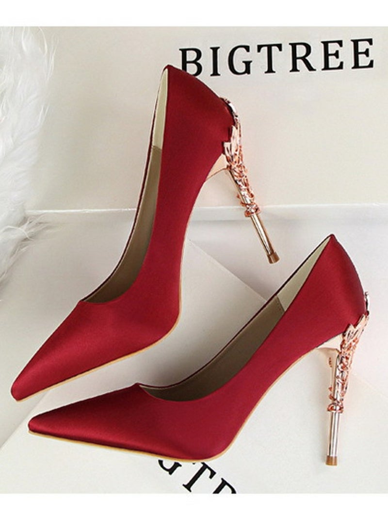 BIGTREE Women's Elegant Stiletto Pumps With 10 CM Personalized Metal Heel Elegant Gorgeous Closed Pointed Toe Slip On Solid High Heels Wine Red - Image 4