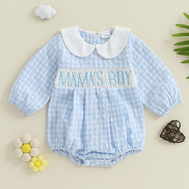 Socutebabe Baby Boy Fall Clothes Newborn Bubble Romper Long Sleeve Smocked Bodysuit Cute One Piece Outfit Mama Boy Outfits (Blue, 3-6 Months) - Image 3