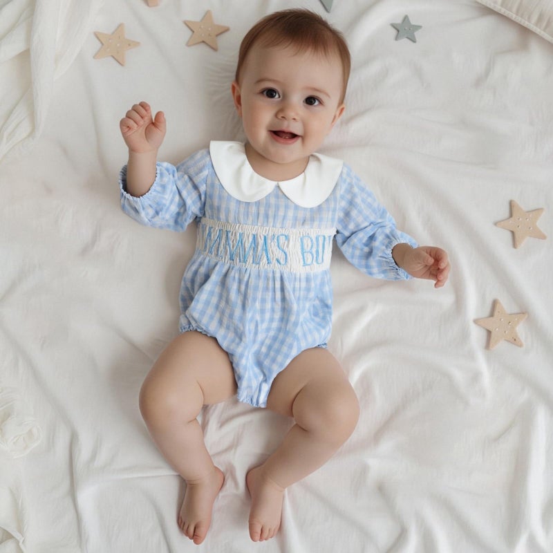 Socutebabe Baby Boy Fall Clothes Newborn Bubble Romper Long Sleeve Smocked Bodysuit Cute One Piece Outfit Mama Boy Outfits (Blue, 3-6 Months) - Image 2