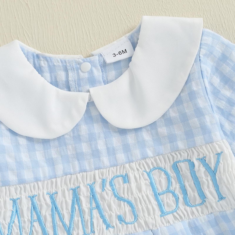 Socutebabe Baby Boy Fall Clothes Newborn Bubble Romper Long Sleeve Smocked Bodysuit Cute One Piece Outfit Mama Boy Outfits (Blue, 3-6 Months) - Image 4