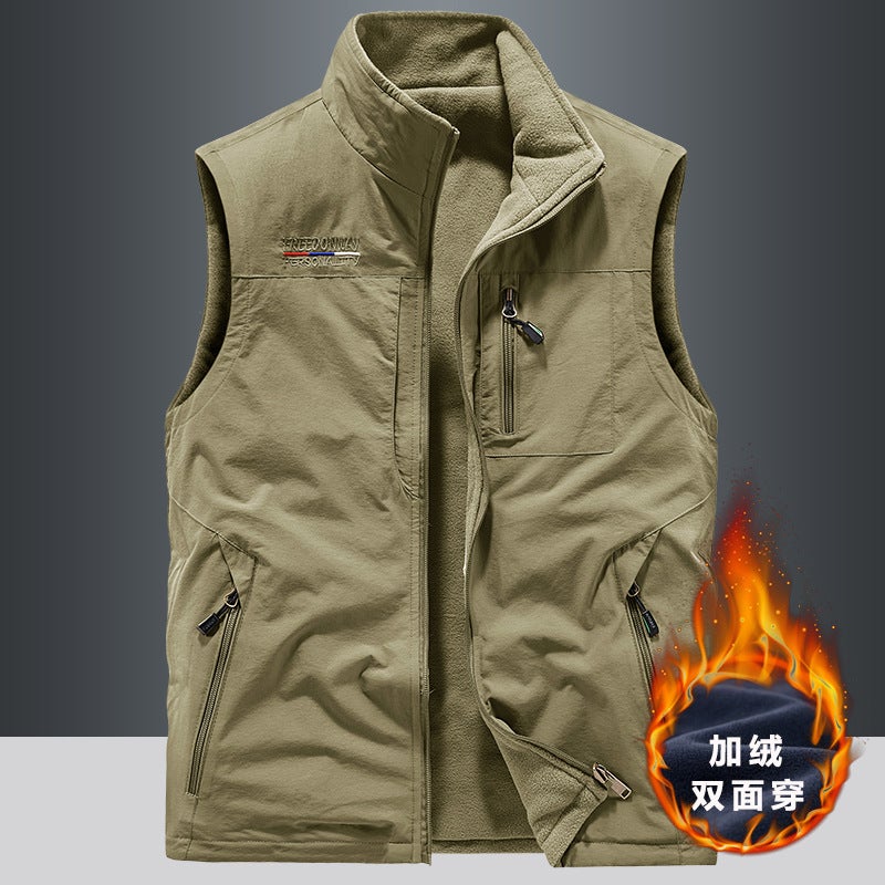 Mens Reversible Vest Autumn Winter Fleece Gilet 1906 Khaki