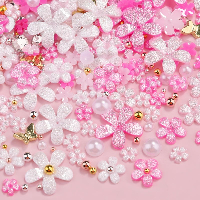 editTime 3D Glitter Flower Nail Art Charms, White Pink Rose Acrylic Cherry Blossom Spring Petal Metal Gold Silver Round Caviar Beads Studs Pearl Rhinestones for Manicure Craft DIY (9-K3-glitter) - Image 5