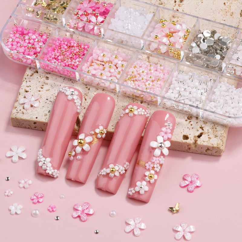 editTime 3D Glitter Flower Nail Art Charms, White Pink Rose Acrylic Cherry Blossom Spring Petal Metal Gold Silver Round Caviar Beads Studs Pearl Rhinestones for Manicure Craft DIY (9-K3-glitter) - Image 3