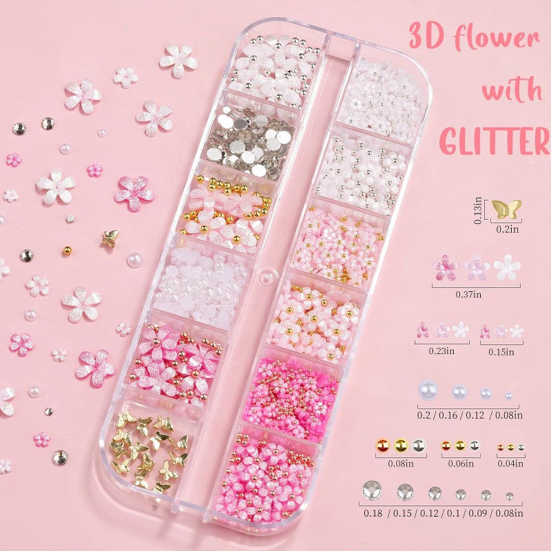 editTime 3D Glitter Flower Nail Art Charms, White Pink Rose Acrylic Cherry Blossom Spring Petal Metal Gold Silver Round Caviar Beads Studs Pearl Rhinestones for Manicure Craft DIY (9-K3-glitter) - Image 2