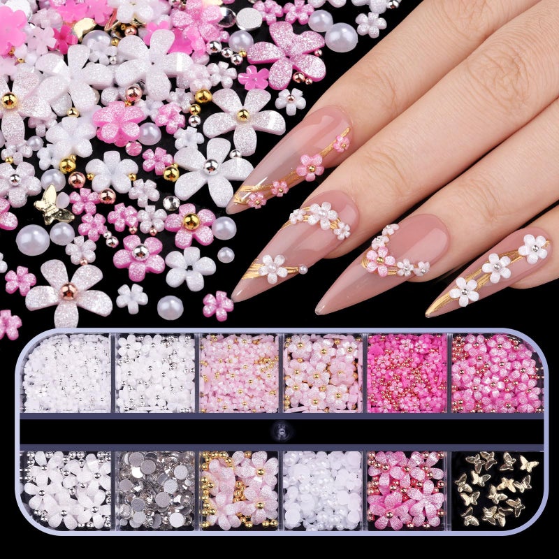 editTime 3D Glitter Flower Nail Art Charms, White Pink Rose Acrylic Cherry Blossom Spring Petal Metal Gold Silver Round Caviar Beads Studs Pearl Rhinestones for Manicure Craft DIY (9-K3-glitter) - Image 1