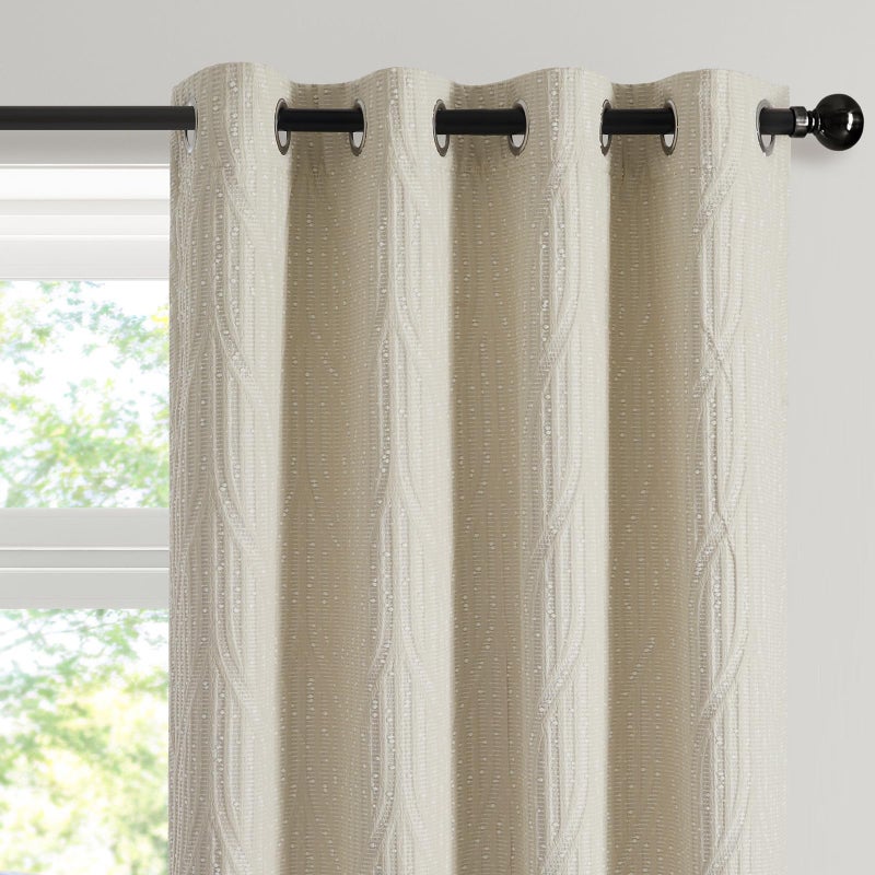 Drapexpert Cream and White 100% Blackout Geometric Jacquard Curtains - Thermal Insulated Noise Reducing Drapes for Bedroom and Living Room, 52" x 96" - Image 1
