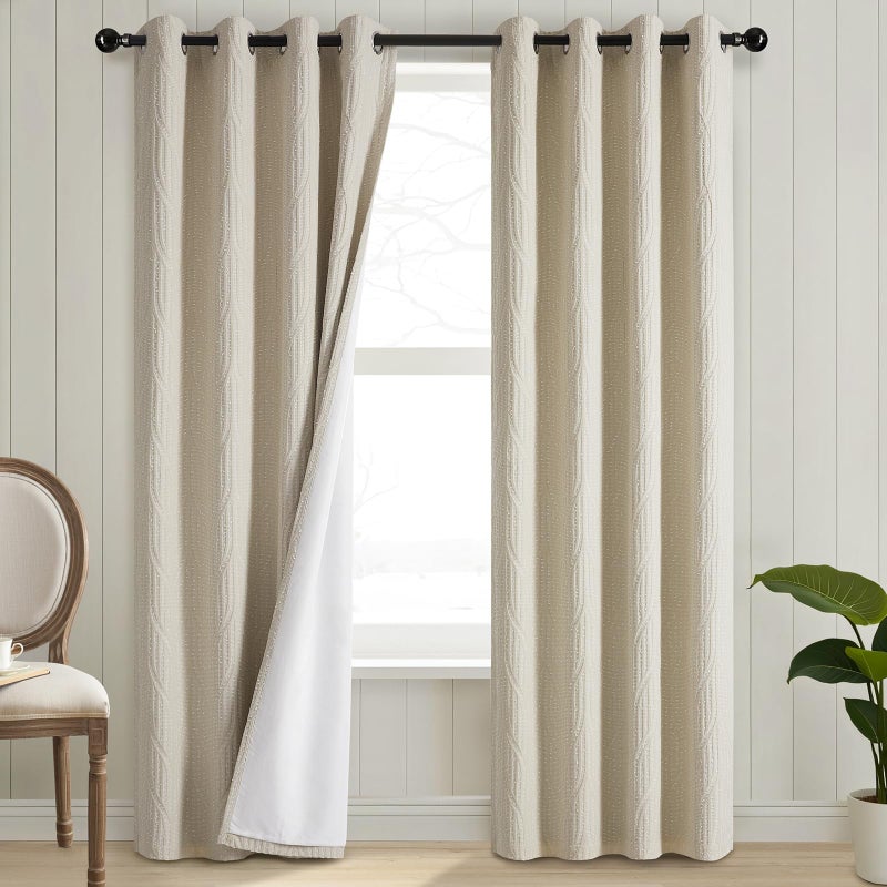 Drapexpert Cream and White 100% Blackout Geometric Jacquard Curtains - Thermal Insulated Noise Reducing Drapes for Bedroom and Living Room, 52" x 96" - Image 2