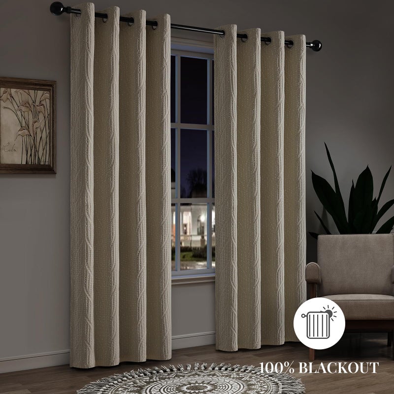 Drapexpert Cream and White 100% Blackout Geometric Jacquard Curtains - Thermal Insulated Noise Reducing Drapes for Bedroom and Living Room, 52" x 96" - Image 3