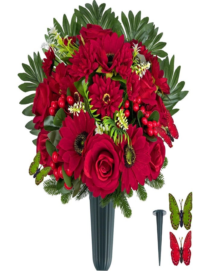 HENOMO Ariticial Cemetery Headstone Flower -Outdoor Grave Decorations,Mixed Bouquet of Artificial Silk Rose and Gerbera Daisies Christmas Red Berry for Tombstones (Vase Included) - Image 1