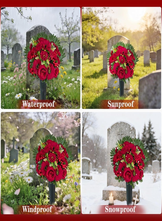 HENOMO Ariticial Cemetery Headstone Flower -Outdoor Grave Decorations,Mixed Bouquet of Artificial Silk Rose and Gerbera Daisies Christmas Red Berry for Tombstones (Vase Included) - Image 3