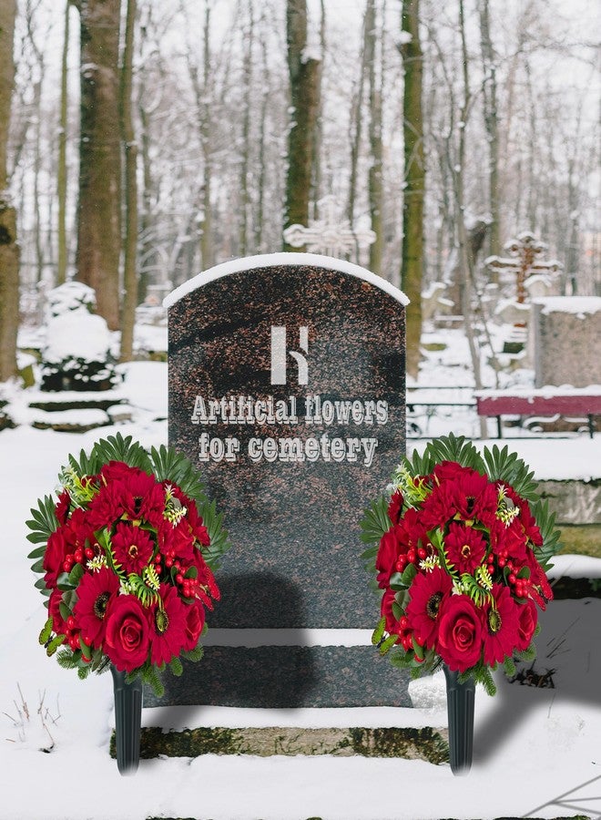 HENOMO Ariticial Cemetery Headstone Flower -Outdoor Grave Decorations,Mixed Bouquet of Artificial Silk Rose and Gerbera Daisies Christmas Red Berry for Tombstones (Vase Included) - Image 2