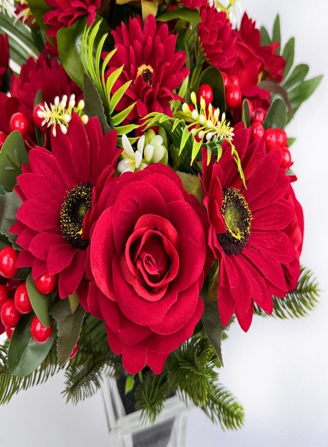 HENOMO Ariticial Cemetery Headstone Flower -Outdoor Grave Decorations,Mixed Bouquet of Artificial Silk Rose and Gerbera Daisies Christmas Red Berry for Tombstones (Vase Included) - Image 5