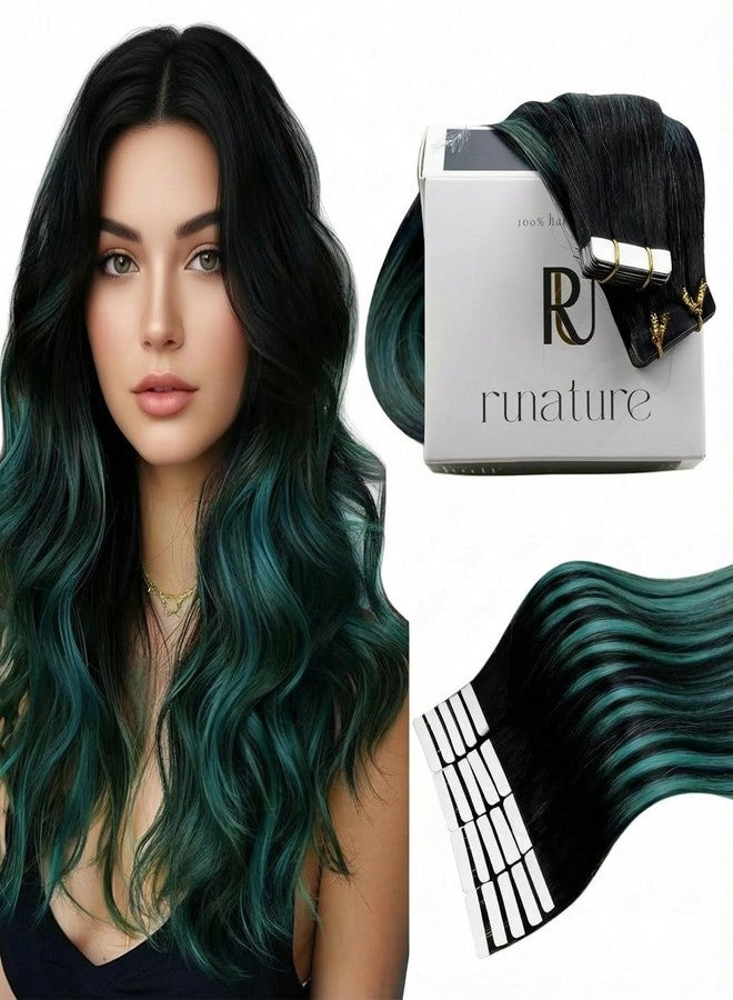 RUNATURE Tape in Extensions Black to Teal Tape in Hair Extensions Human Hair 20 Inch Long Teal Hair Extensions Tape ins Remy Natural Hair Blue Hair Extension Add Length 50g 20pcs - Image 1