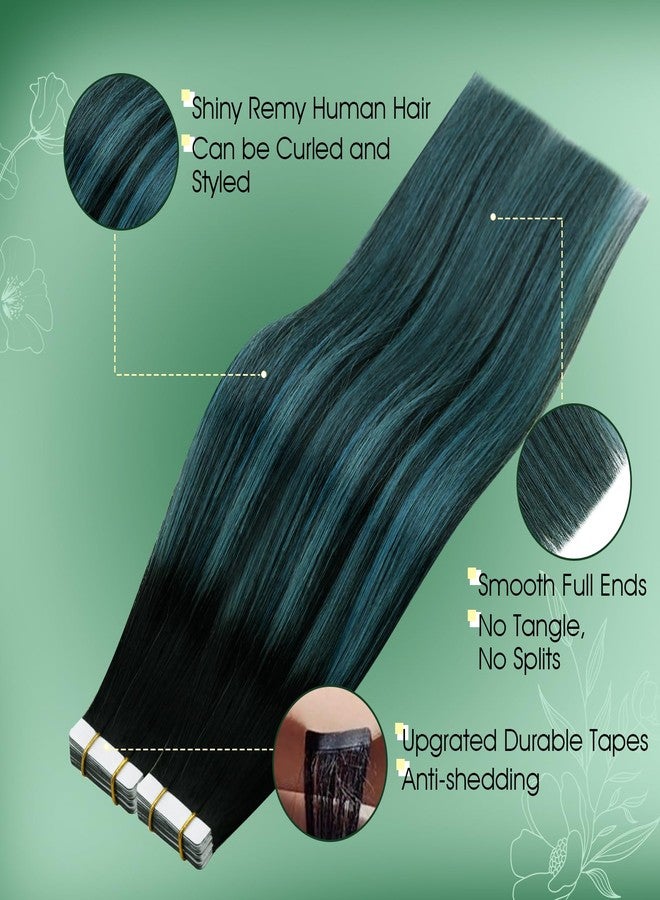RUNATURE Tape in Extensions Black to Teal Tape in Hair Extensions Human Hair 20 Inch Long Teal Hair Extensions Tape ins Remy Natural Hair Blue Hair Extension Add Length 50g 20pcs - Image 4